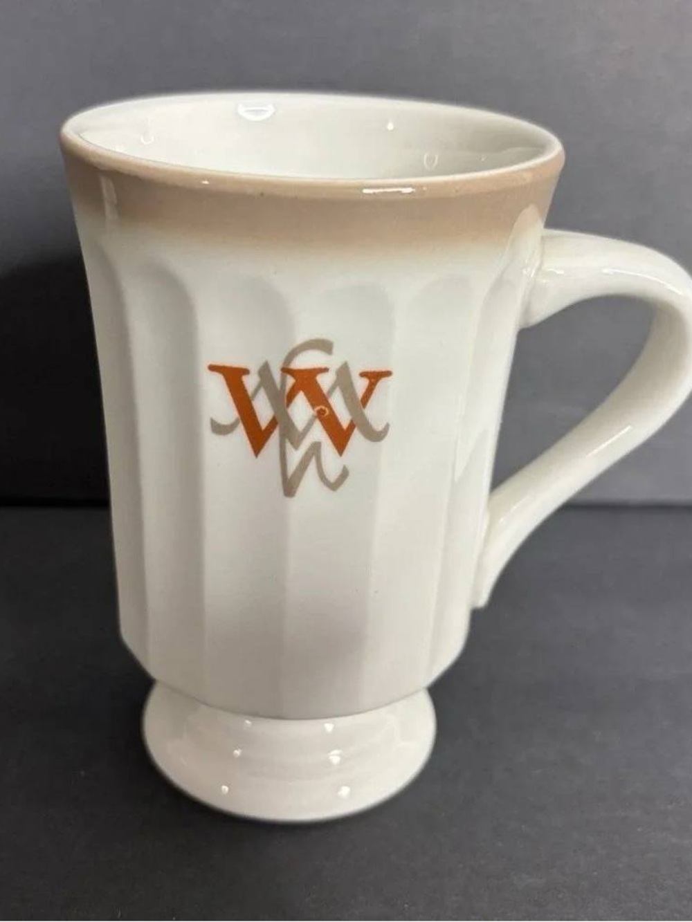 White and Tan Pedestal Ceramic Mug with Monogram